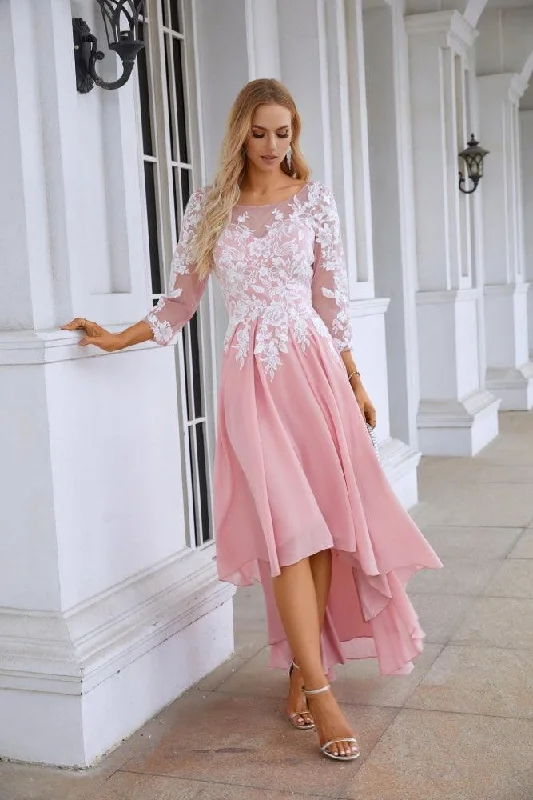 Fashion Forward, Function First Ladies Round Neck Long Sleeve Chiffon Lace Short Front Short Back Length Length Bridesmaid Evening Dress Wedding Evening Dress 28123 Romantic Detailing