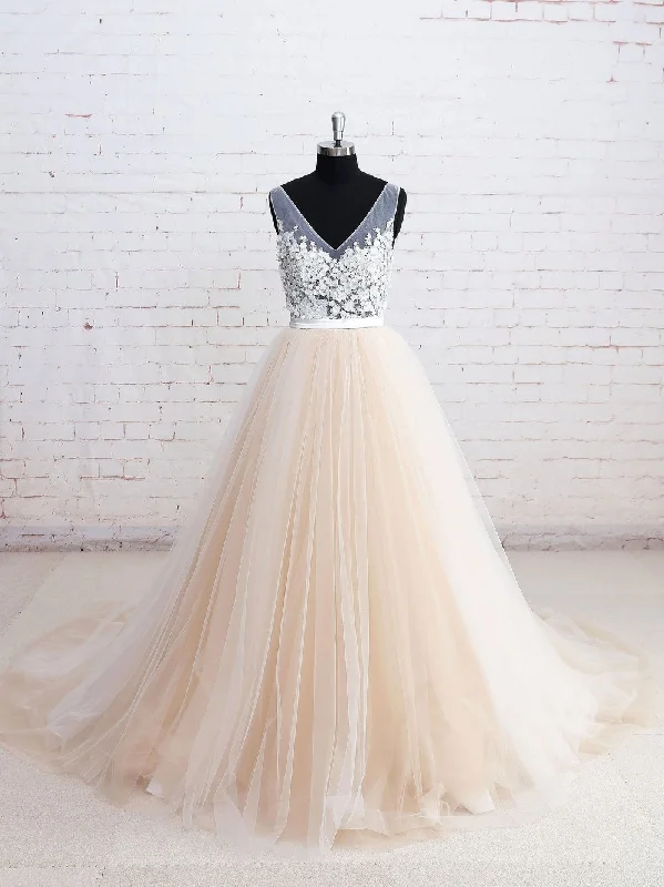 Chic And Trendy V Neck See Through A-line Cheap Wedding Dresses Online, WD355 Charming Silhouette