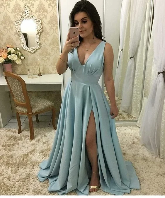 Style Without Limits V neck A Line Prom Dress, Sexy Sleeveless Party Dress, Split Slit Evening Dress cg3174 Elegant Details