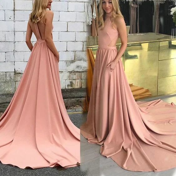 Best Sellers Elegant A-Line High Neck Sleeveless Sweep Train Prom Dresses With Pockets cg943 Contemporary Elegance