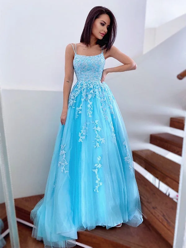 Popular Collection Princess Spaghetti Straps Tulle Sleeveless Applique Sweep/Brush Train prom Dresses    cg19527 Minimalist Elegant