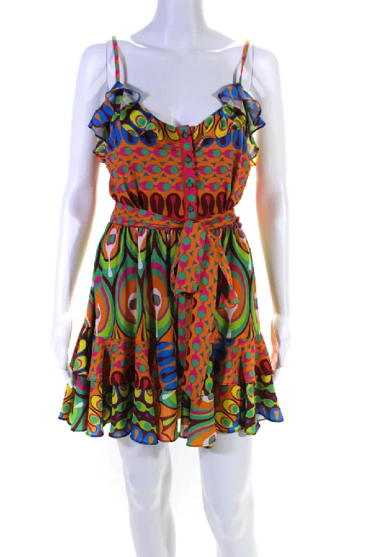 Classic Modern Offers Alexis Womens Abstract Button Sleeveless Belted Ruffled Dress Multicolor Casual Elegance