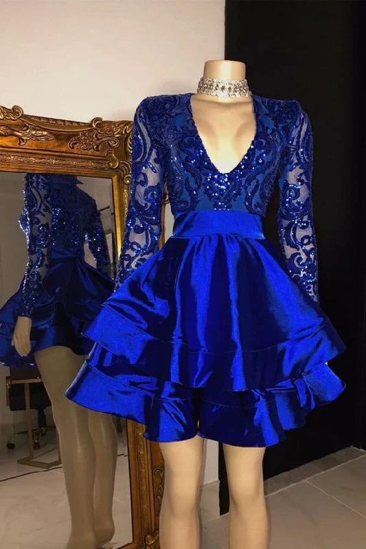 Relaxed Style Long Sleeves V-Neck Lace Prom Dress Sequins Blue Short Homecoming Dresses C2441 Elegant Details