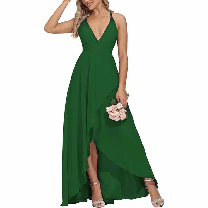 Crazy Price Slashing Women Chiffon Bridesmaid Dresses V Neck High Low Wedding Guest Dress Party Gown Timeless Elegant