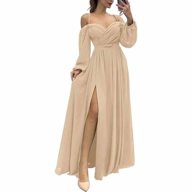 Spring Offer Women's Bridesmaid Dresses Long Sleeves Spaghetti Strap Split Ruched Wedding Guest Dress Big Savings on Minimalist Office Styles