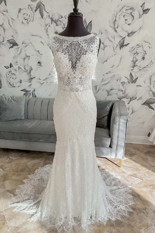 End Of Season Sale White Lace Open Back Mermaid Long Wedding Dress Exquisite Craftsmanship