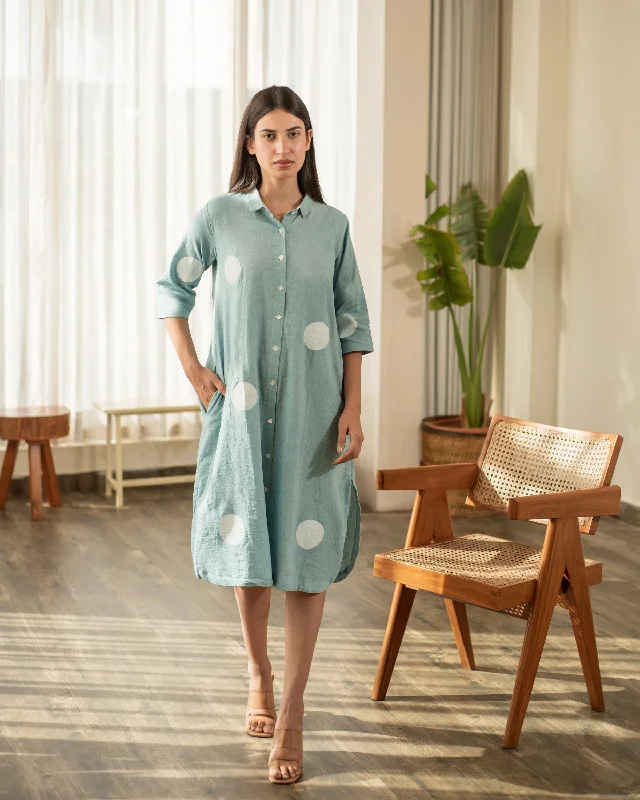 Fashion Deal Blue Polka Shirt Dress Charming Silhouette