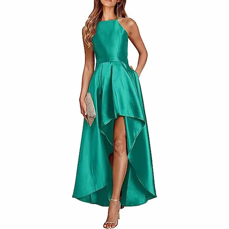 Chic And Trendy Sleeveless Satin Wedding Guest Outfit A Line Bridesmaid Dress High-Low Prom Dress Classic Appeal