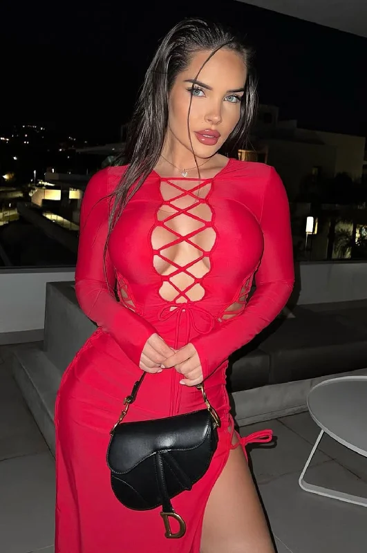 Fashion Sale Red Lace Up Cut Out Double Slit Long Sleeve Dress Boho - Chic Festival - Ready Style