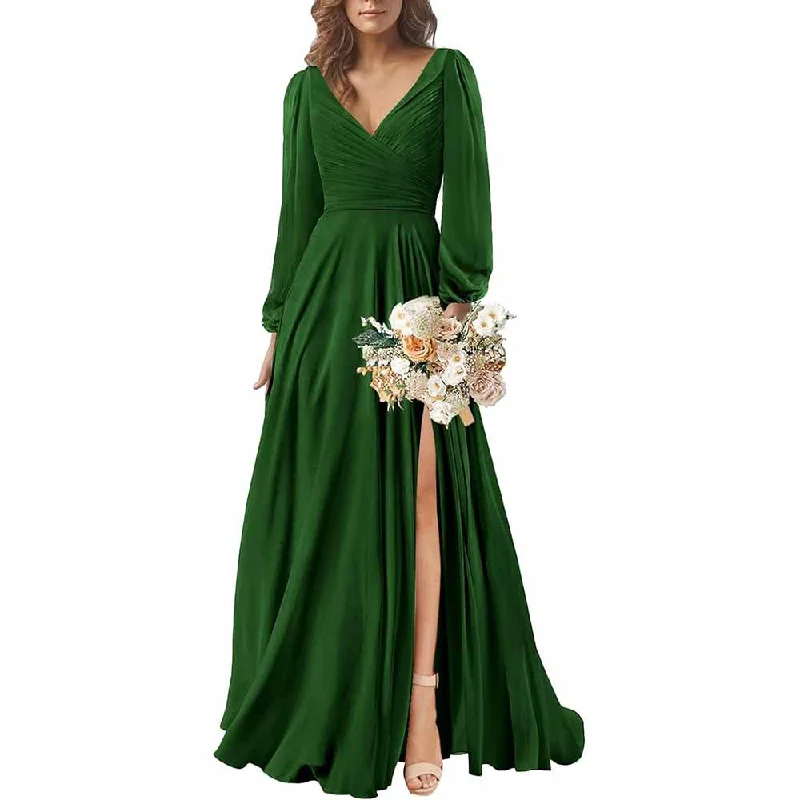 Season Offer Long Sleeve Chiffon Bridesmaid Dresses V-Neck Long Evening Dress Formal Gown Flash Sale