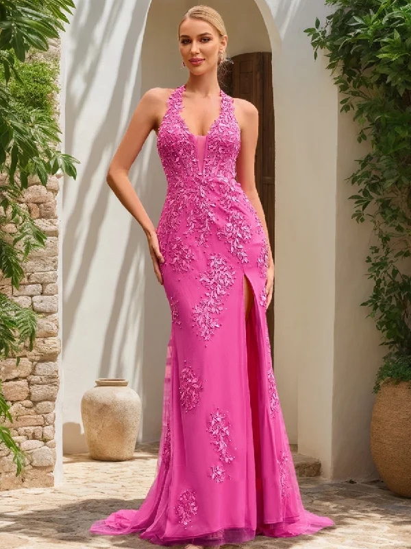 Chic Trends Unveiled Trumpet/Mermaid Halter Sleeveless Split Side Prom Dresses Fashion-Forward Style