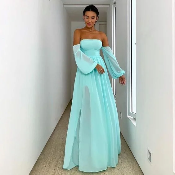 Save Big Light Blue Long Sleeve Evening Dress Off Shoulder Chiffon Plus Size Floor Length Formal Prom Dresses   cg13856 Grab Romantic Date - Night Styles Now