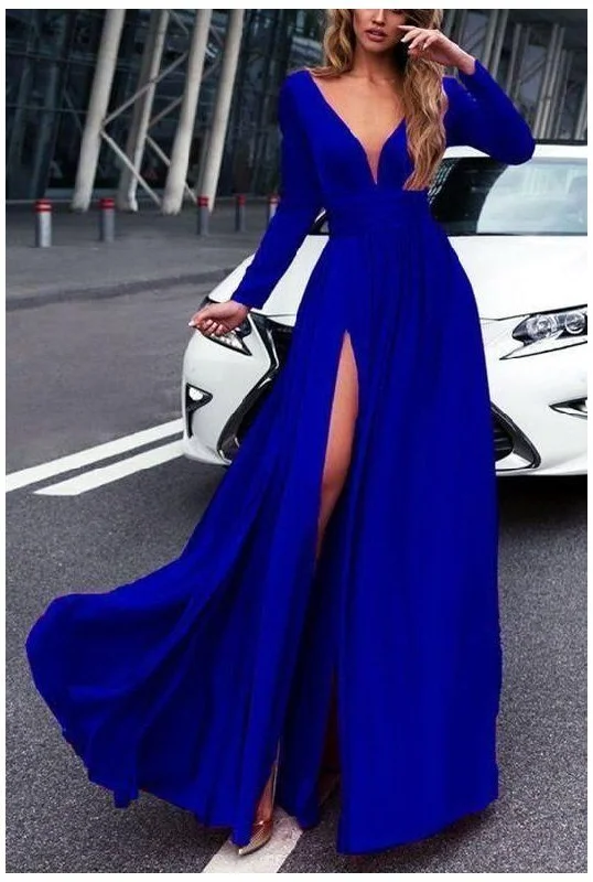 Fall Sale, Prices Drop A Line V Neck Long Sleeves Green/Black/Royal Blue Long Prom Dresses, Formal Dresses With Sleeves    cg18006 Vintage Look