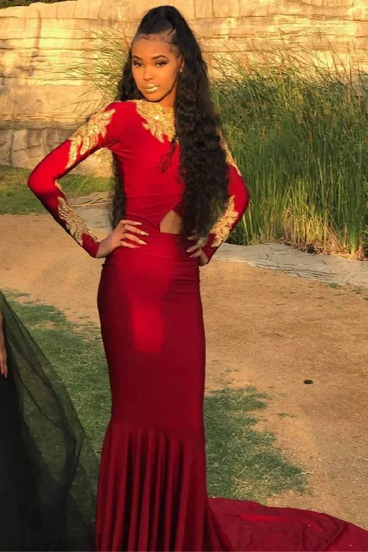 The Latest Fashion Trends Excellent Red Long Sleeves Jewel Mermaid Prom Dresses with Train   cg17473 Chic Sophistication