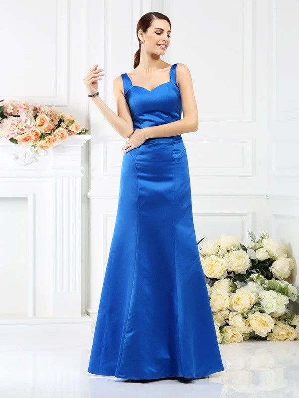 Holiday Glam Numbersea Sheath Column Straps Sleeveless Long Satin Bridesmaid Dresses Elegant Contour