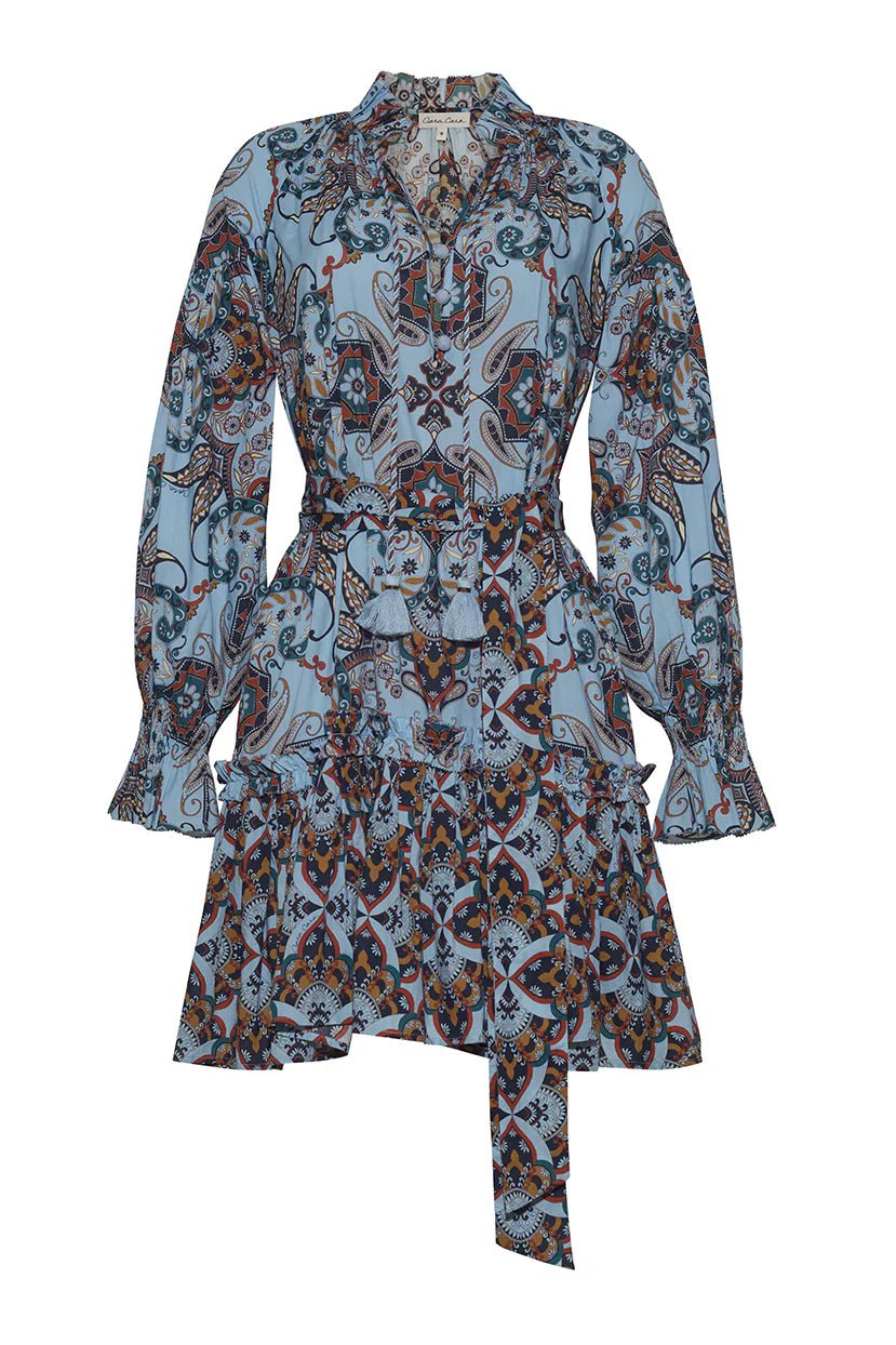 Evening Elegance Poppy Long Sleeve Short Dress Blue Vintage Paisley Vintage Charm