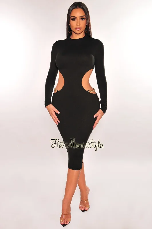 Fresh Styles, Fresh Deals Black Mock Neck Gold Chain Cut Out Long Sleeve Dress Rustic Countryside Charm Look