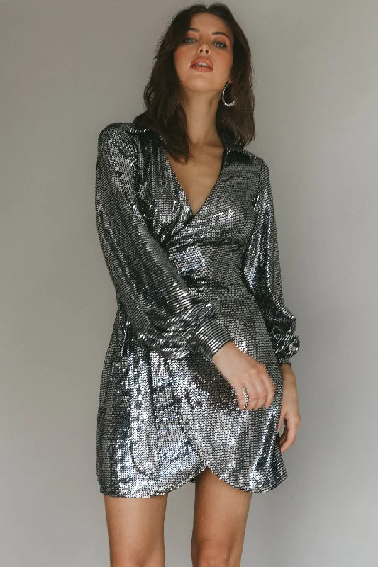 Summer Fashion Ruma Faux Wrap Shirt Dress Sequin Metal Luxury Comfort