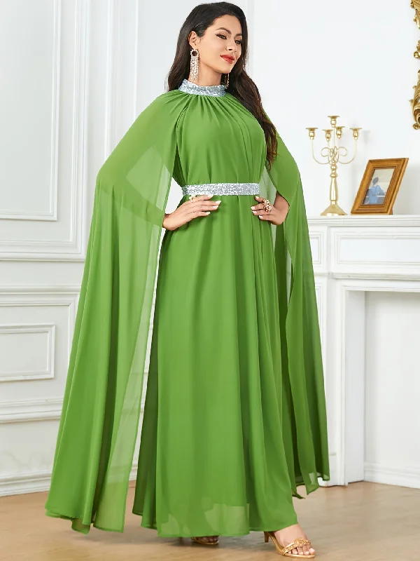 Elegant Style Long Sleeve Crew Neck Maxi Abaya Dress - Elegant Solid Color Block Design, Split Sleeve, Contrast Sequin Details, Non-Stretch Polyester Fabric, Belted, Middle East Style, Ideal for All Seasons Y2K Nostalgic Fashion Look