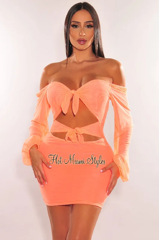 Fashion-Forward Neon Orange Mesh Tie Up Cut Out Long Sleeve Dress Final Clearance