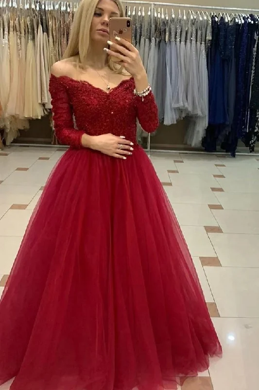 Find Your Unique Flair Off Shoulder Long Sleeves Burgundy Lace Prom Dresses   cg12372 Feminine Charm