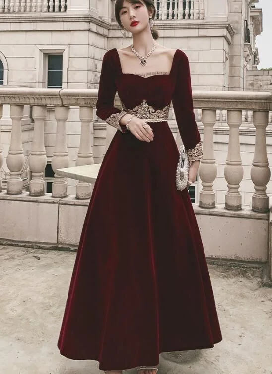 Sophisticated Style Offers Charming Velvet A-line Long Prom Dress, Long Sleeves Formal Dress    cg22197 Chic Sophistication