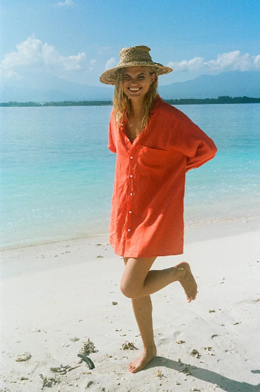 Mega Sale SUMMER Shirt Dress - coral linen Casual Elegance