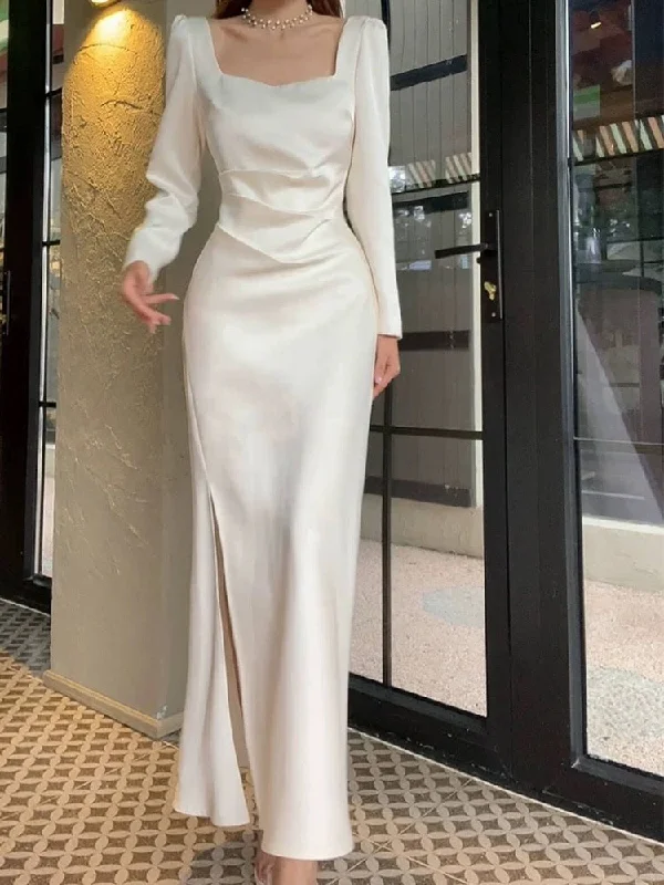 Bold Fashion Sales Pretty Sheath Square Neckline Long Sleeves Slit Prom Dresses C2373 Boho - Chic Festival - Ready Style