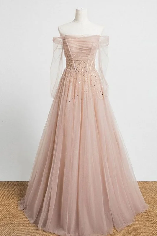 Sophisticated Fashion stunning long sleeves nude pink long formal dress prom dress   cg22413 Vintage Look