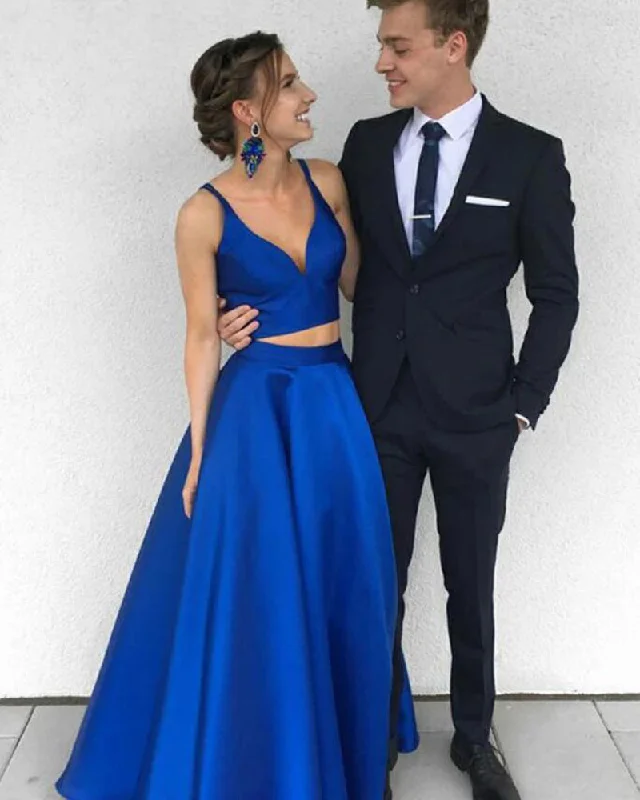 Quick Grab Deals Siaoryne Royal Blue Satin A Line Crop Top 2 Pieces Long Evening Gown Girls 2020 Prom Dress with Straps  LP20111 Parisian Effortless Chic Style