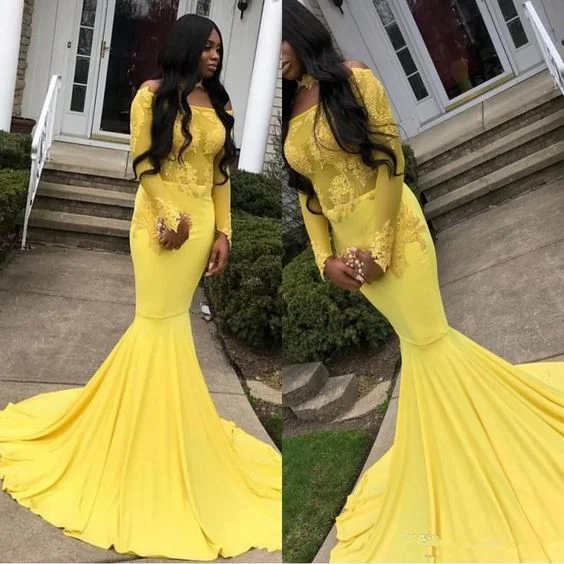 Ride The Style Wave Yellow Long Sleeves Mermaid Prom Dress   cg15346 Contemporary Chic