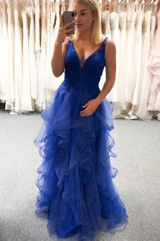 Vibrant Style Promotions Blue V Neck Sleeveless Tulle Prom Dress with Ruffles, Floor Length Beading Formal Dress    cg19938 Limited - Stock