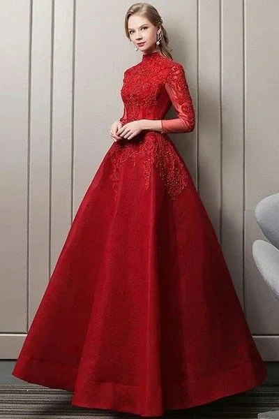 Essentials On Sale Red Party Dress A-line Prom Dress Long Sleeve Evening Dress Lace Prom Dress High Neck Formal Dress   cg12039 Modern Romance