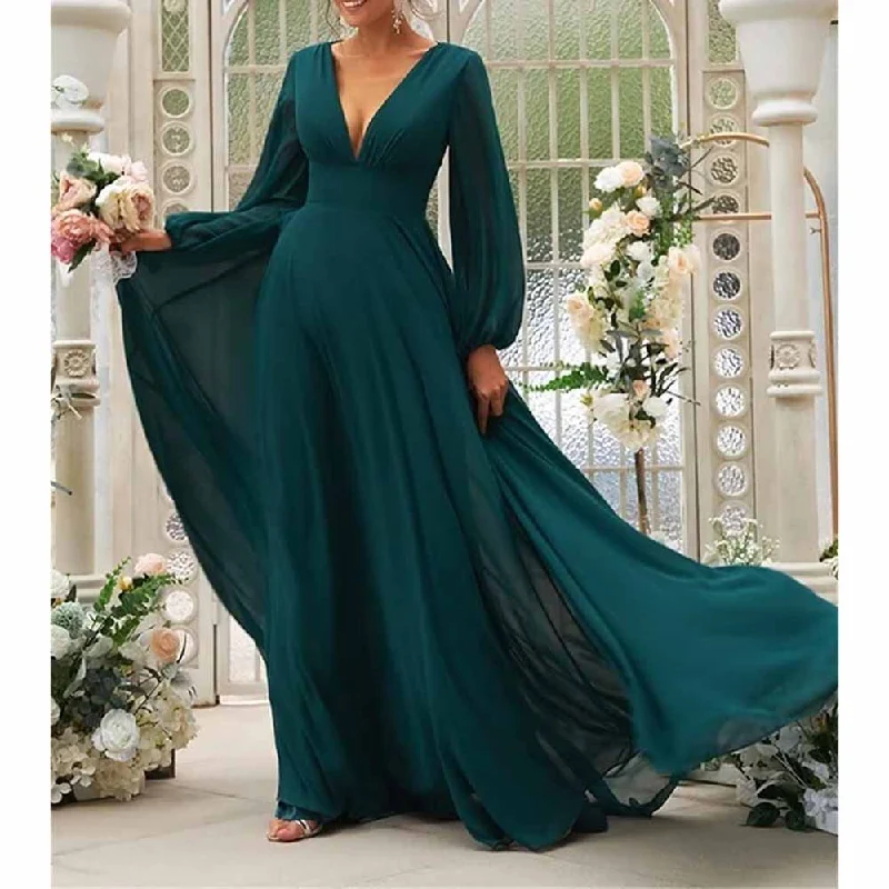 Mega Sales Long Sleeve V-Neck Chiffon Bridesmaid Dresses A Line Prom Dress Evening Gowns Romantic Date - Night Ensemble