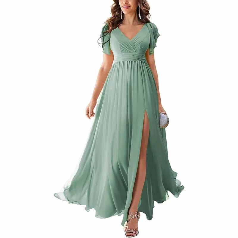 Limited Time Offer Chiffon Bridesmaid Dress Short Sleeves V Neck Formal Dres Wedding Guest Dress With Slipt Limited - Edition Drops