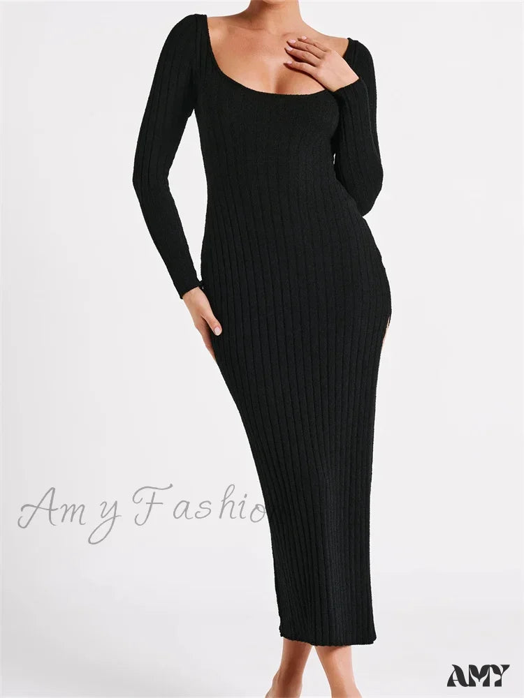 Casual Chic Amy Fashion - Women Knitted Bodycon  Solid Color Ribbed Round Neck  Sleeve Side Split Spring Fall Vestidos Seasonal Trend