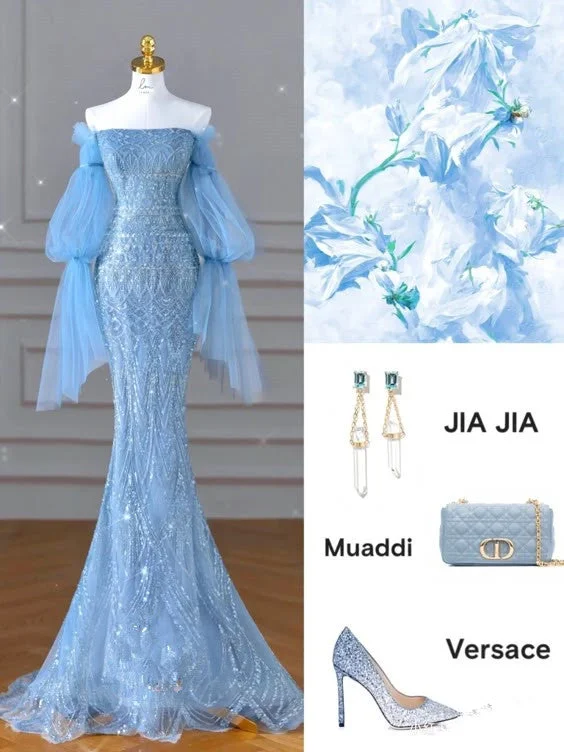 Premium Fashion Elegant Mermaid Off The Shoulder Blue Prom Dresses With Ruffle Long Sleeves Evening Dress C2897 Artful Design