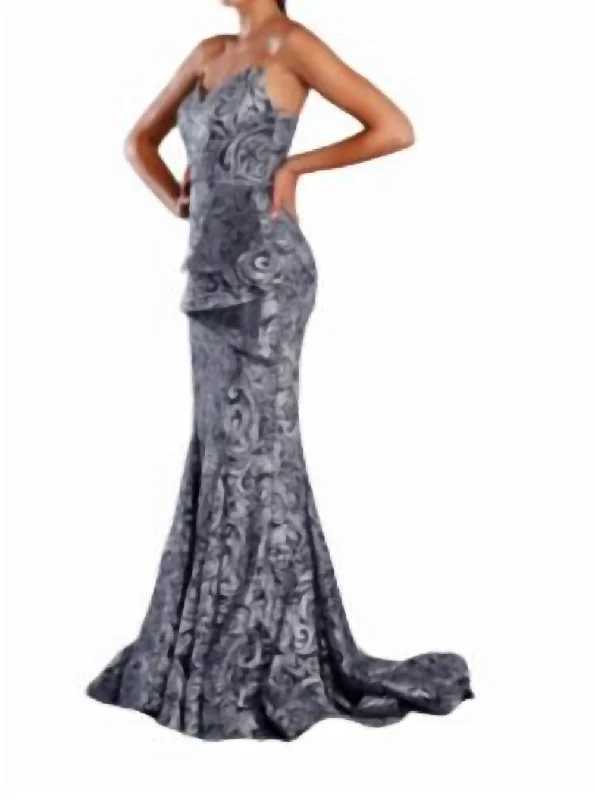 Day-To-Night Styles Peplum Embroidered Gown In Charcoal Rustic Countryside Charm Look