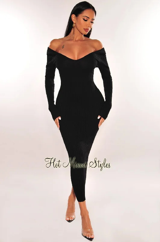 Fashion Forward Black Ribbed Knit Long Sleeves Dress Chic Sophistication