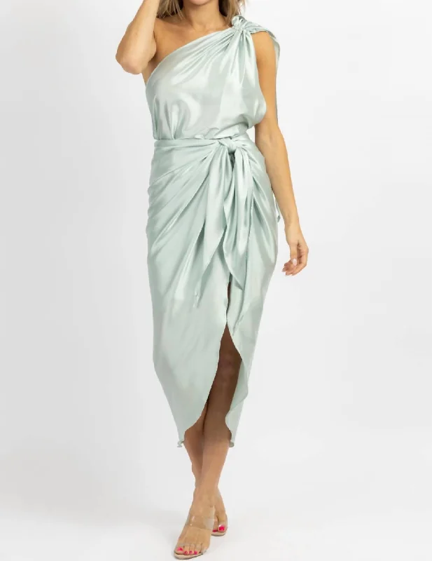 Contemporary Casual Deals Satin One Shoulder Wrap Dress In Mint Limited - Stock