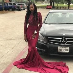 Chic Trend Collection Sexy Burgundy Mermaid Long Sleeves Long See Through Prom Dresses  cg7304 Elegant Details