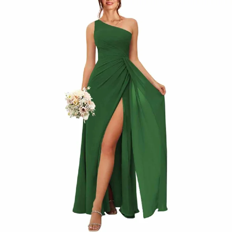 You'Ll Love Us Because One Shoulder Bridesmaid Dresses with Pockes Long Ruched A Line Formal Dress with Slit Formal Outfit