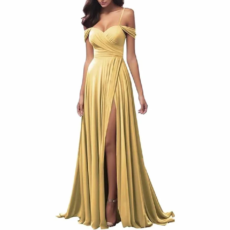 Unbeatable Deals Off The Shoulder Bridesmaid Dresses Women Long Satin Formal Dresses Spaghetti Straps Evening Gown Limited - Stock