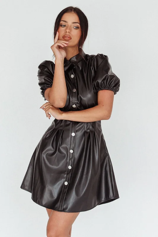 Latest Trends Zurich Pleated Waist Shirt Dress Faux Leather Black Minimalist Chic