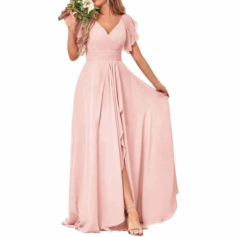 Discover Now Long Bridesmaid Dresses Wedding Short Sleeve Formal Dress Chiffon Evening Gown Final Clearance