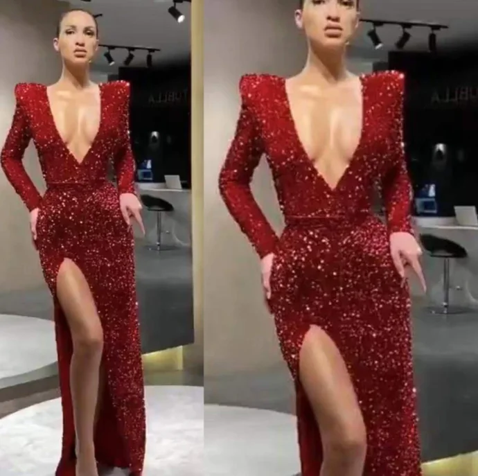 Unbeatable Deals sequins prom dresses 2020 deep v neck long sleeve side slit mermaid evening dresses formal dresses  cg13648 Feminine Soft - Hued Look