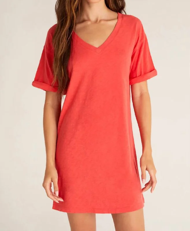 Seasonal Sale V-Neck T-Shirt Dress In Coral Red Alluring Design