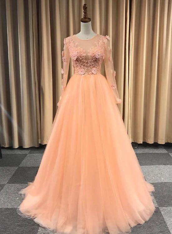 Stylish Deals Light Orange Tulle Long Sleeves With Lace Party Dress, Long Prom Dress Formal Dress   cg20450 Summer Fashion