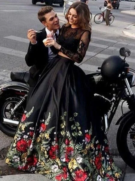 Best Sellers Two Piece Black Prom Dresses, Long Sleeve Prom Dresses, Open-back Prom Dresses, Appliques lace Prom Dresses  cg639 Feminine Flow