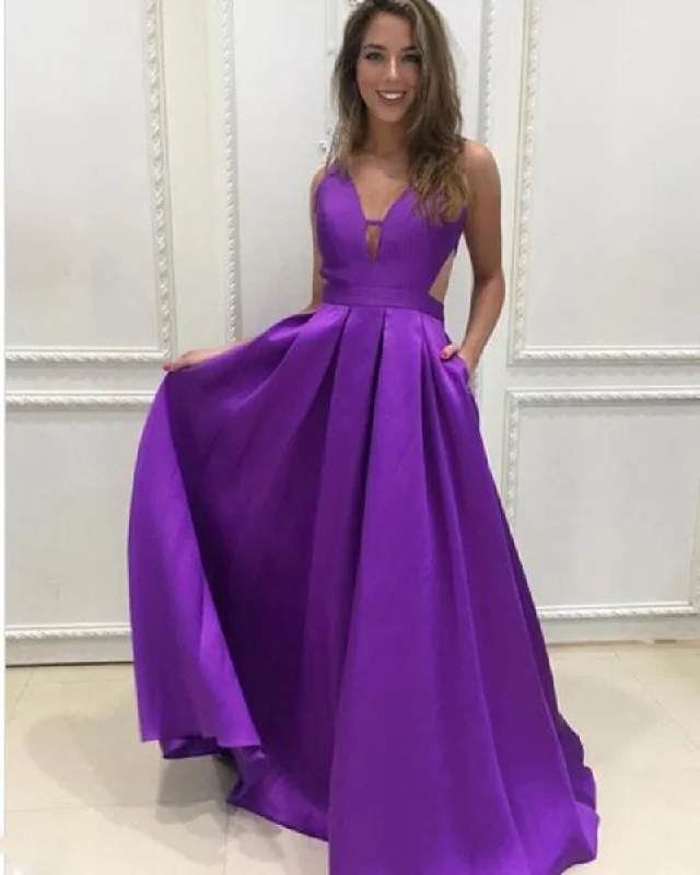 Easy Elegance Sales Charming Floor Length  A Line Satin Pocket Deep V Neck Purple Prom Dress PL1022 Luxe Layering